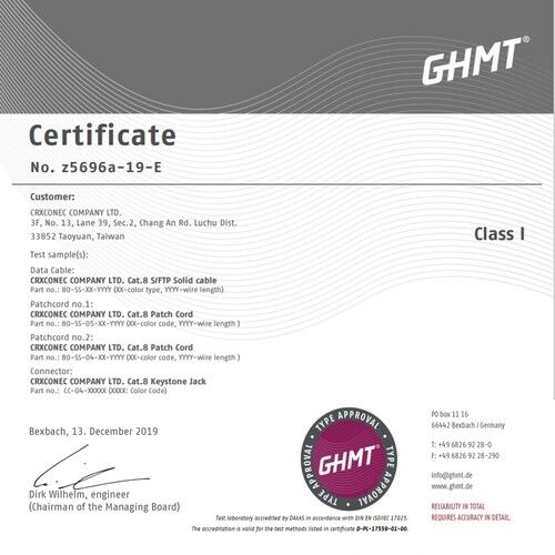 GHMT verifierad Cat.8 koppar systemcertifiering